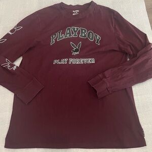 [L]Playboy Play Forever Logo Burgundy L/S Pullover Crew Shirt